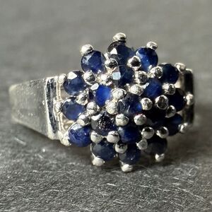 Vintage 925 Sterling Silver & Dark Blue Sapphire Cluster Ring Size 8 Art Deco